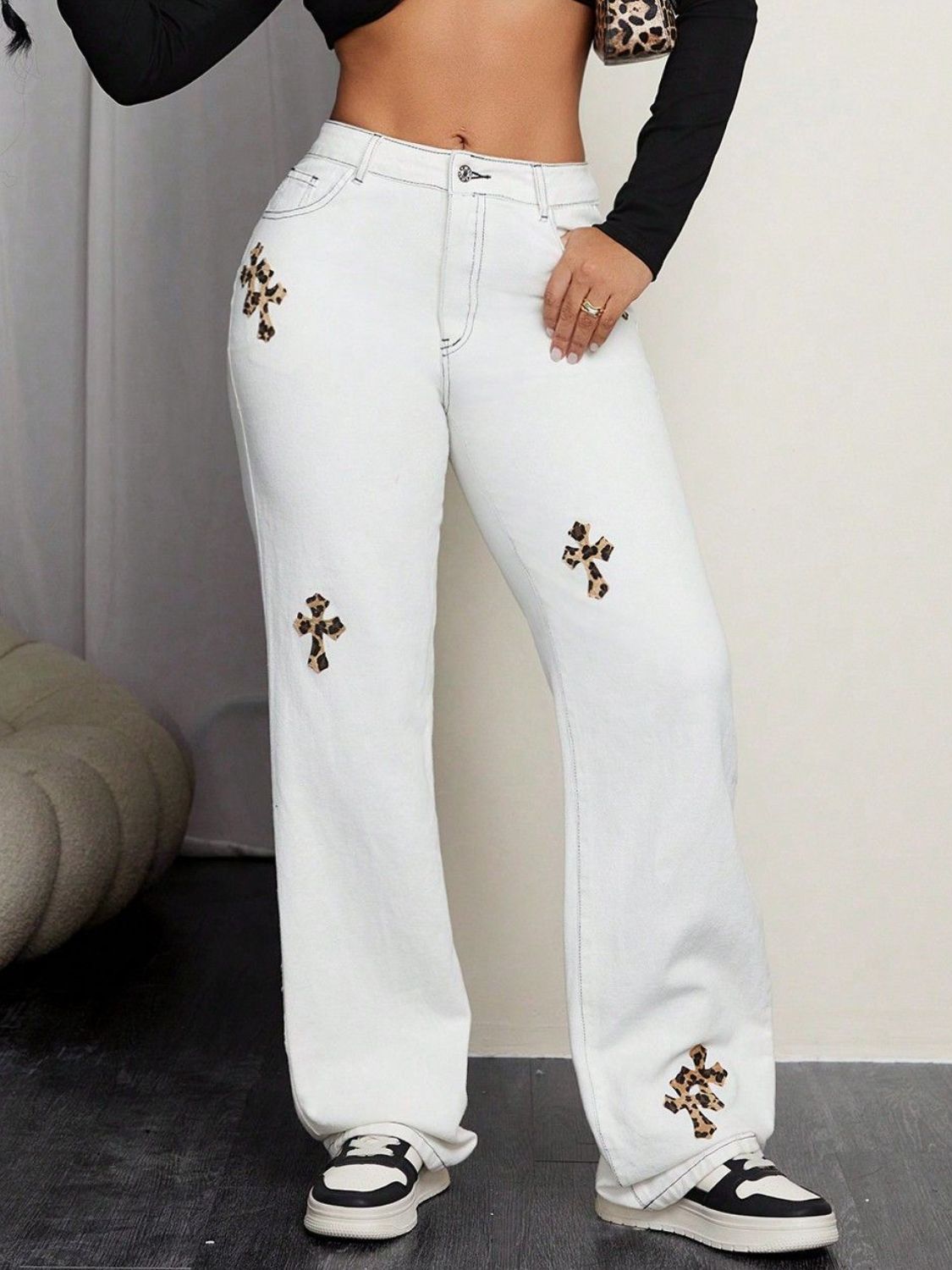 Leopard Cross Detail Straight Leg Jeans - The Goddess Galleries