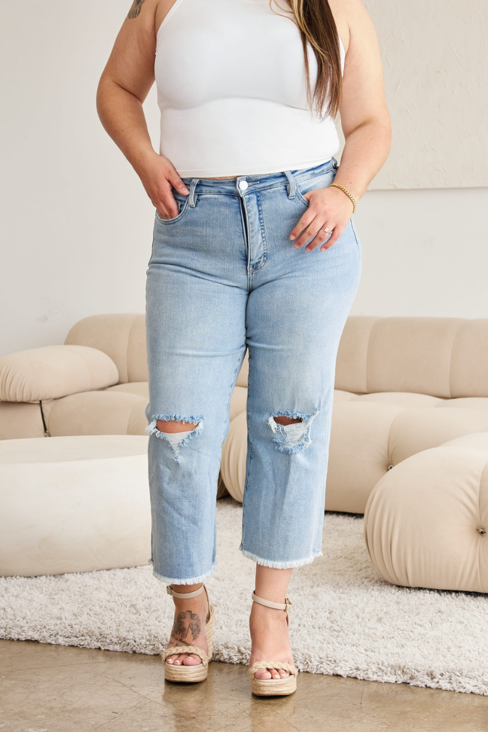 RFM Full Size Tummy Control High Waist Raw Hem Distressed Jeans - The Goddess Galleries