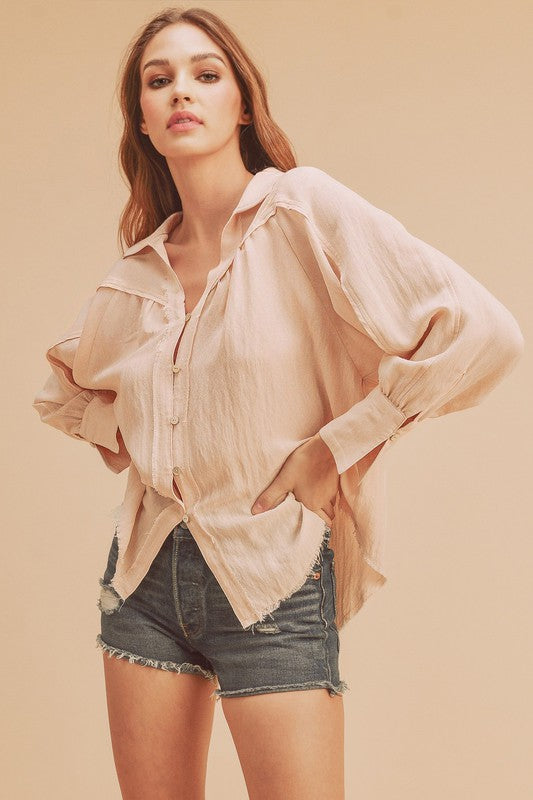 Aemi + Co Raw Hem Button Down Raglan Sleeve Shirt - The Goddess Galleries