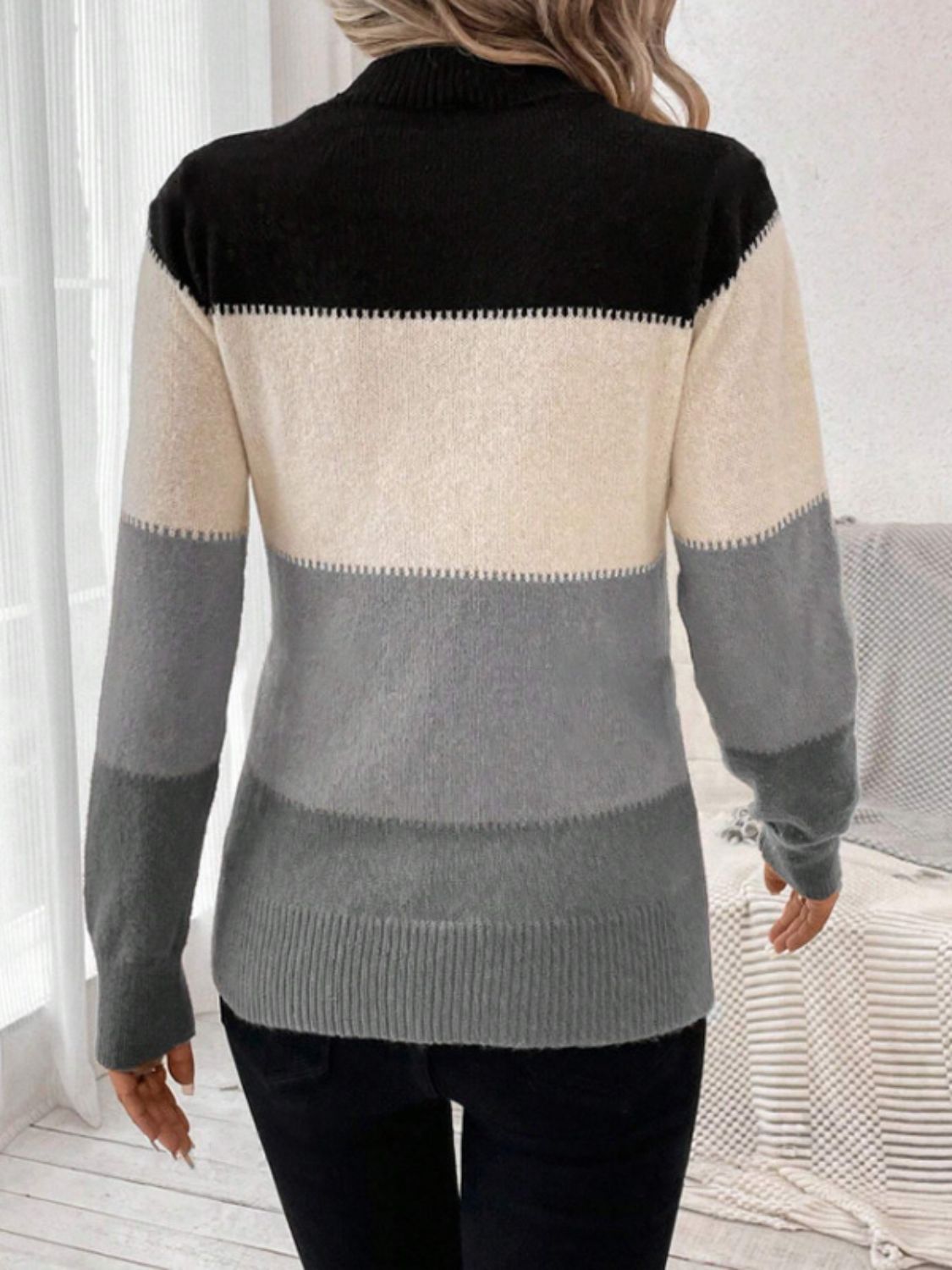 Color Block Mock Neck Long Sleeve Sweater - The Goddess Galleries