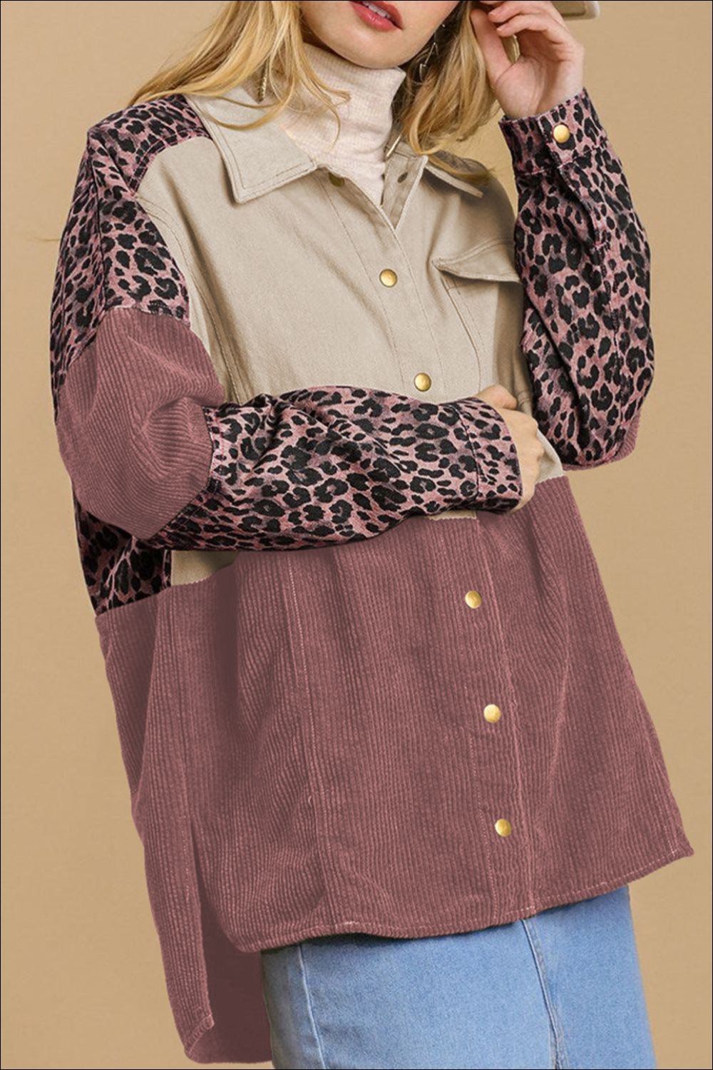High-Low Leopard Snap Down Shacket - The Goddess Galleries