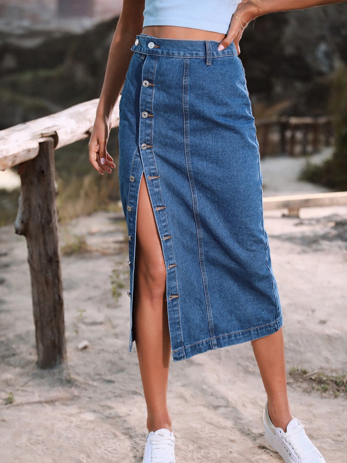 Button Down Denim Skirt - The Goddess Galleries