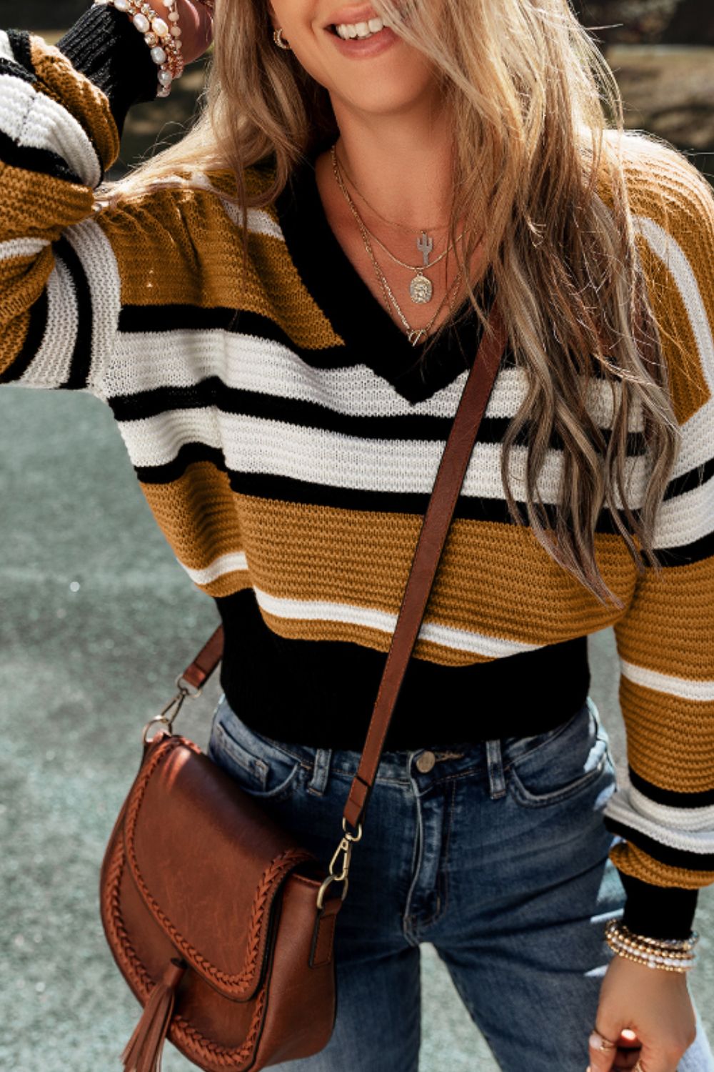 Contrast Stripes V Neck Long Sleeve Sweater - The Goddess Galleries