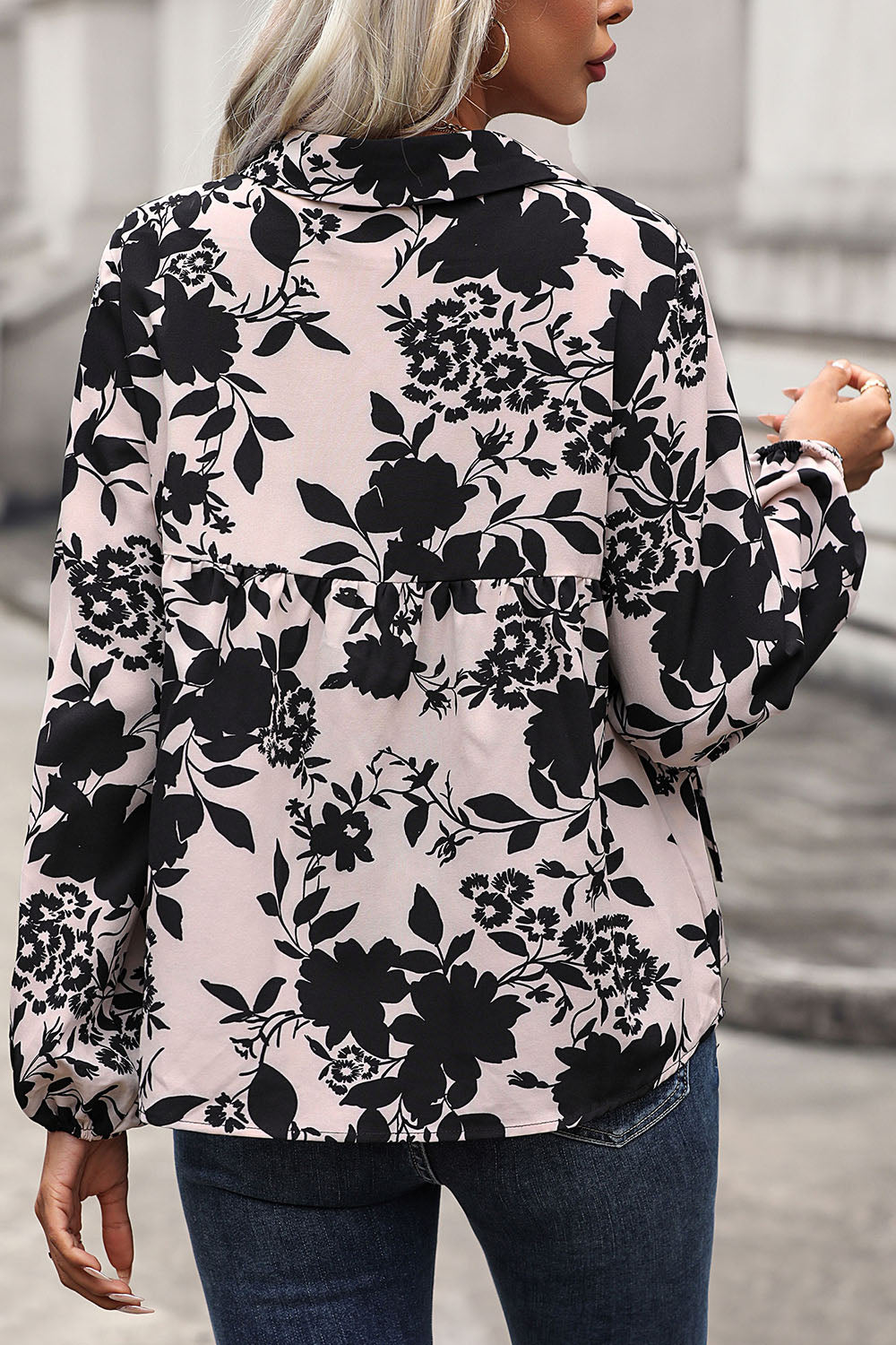 Perfee Printed Tie Neck Balloon Sleeve Blouse - The Goddess Galleries
