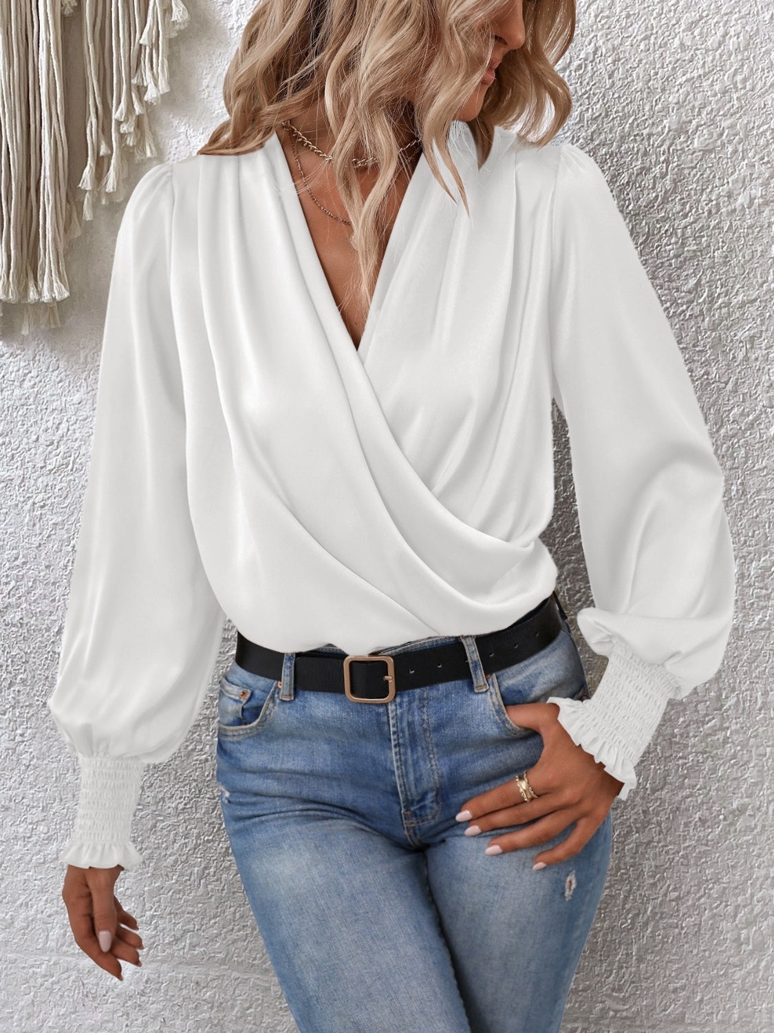 Surplice Smocked Lantern Sleeve Blouse - The Goddess Galleries