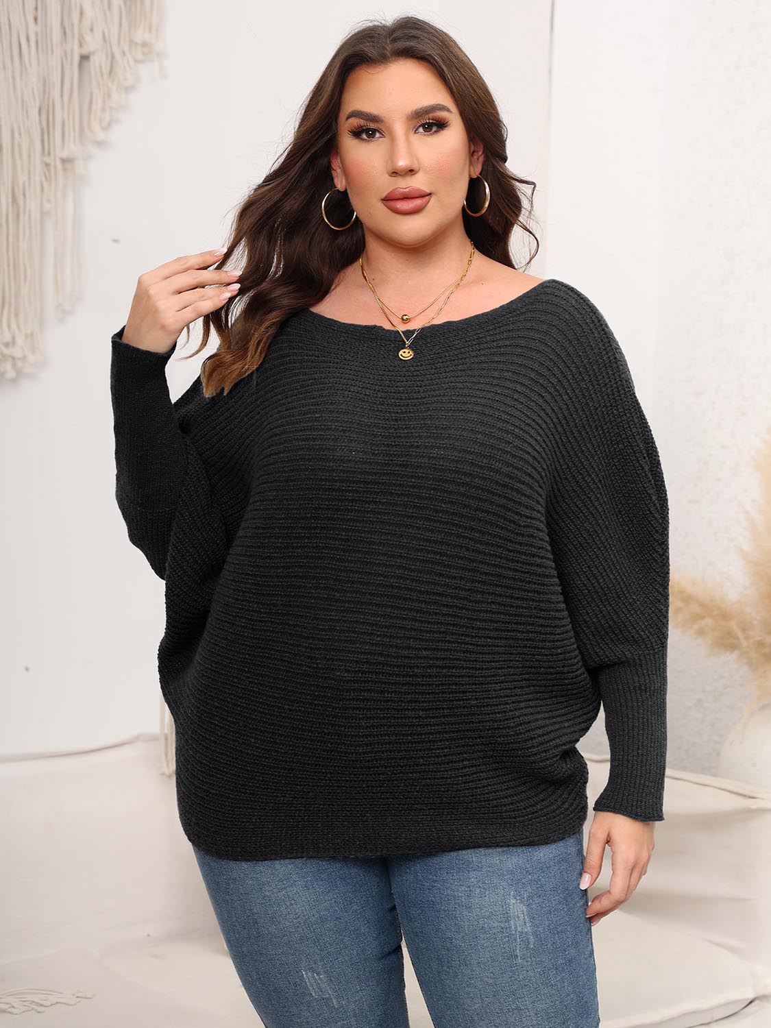 Full Size Boat Neck Batwing Sleeve Sweater - The Goddess Galleries