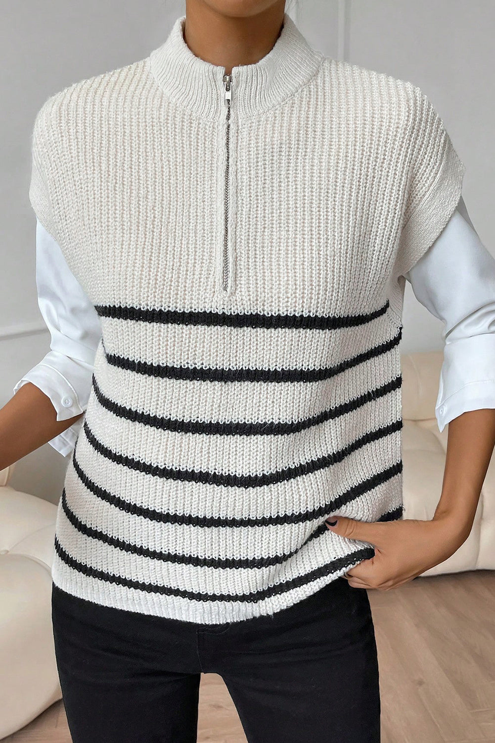 Striped Mock Neck Half Zip Sweater Vest - The Goddess Galleries