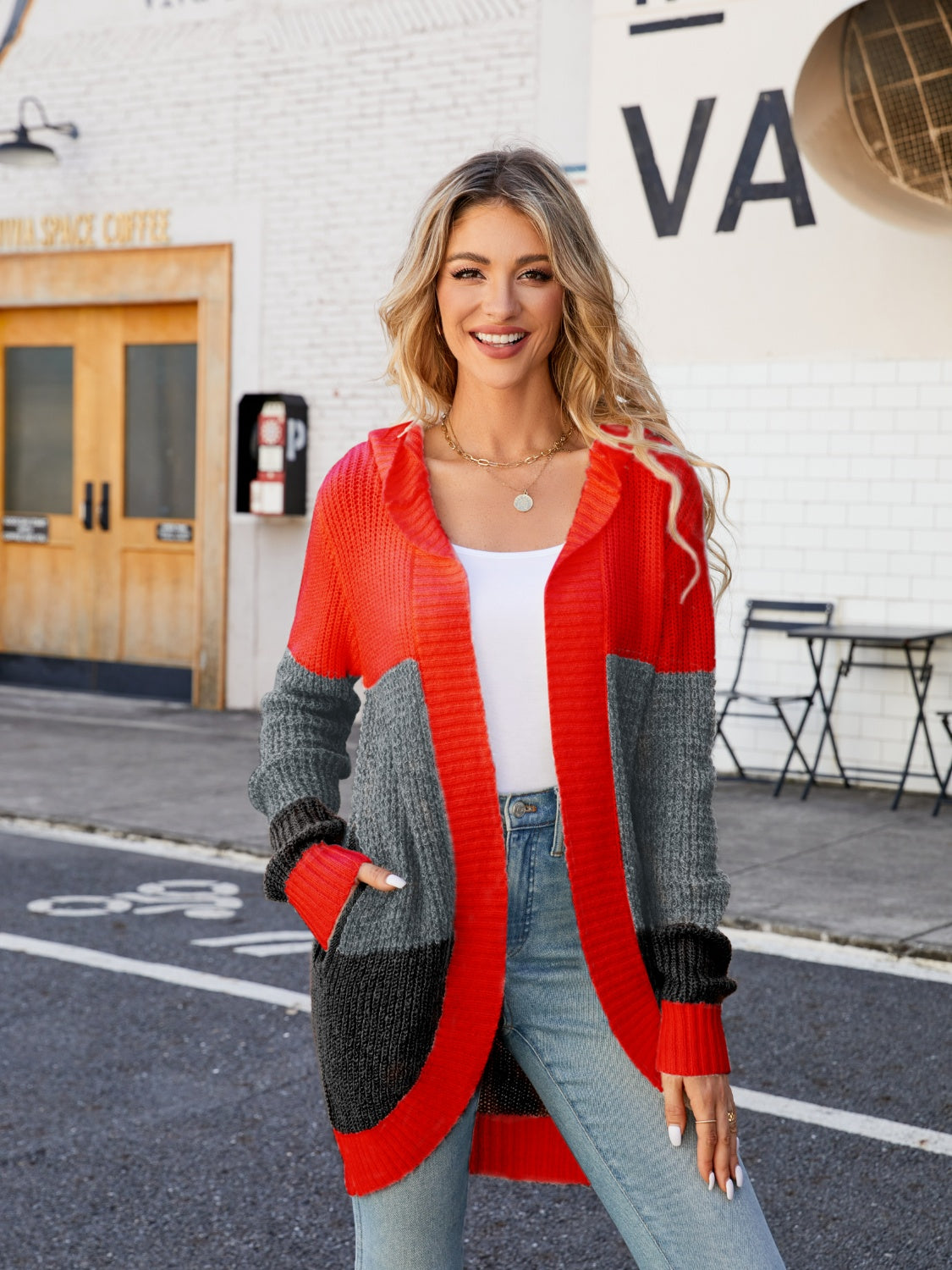 Color Block Open Front Hooded Cardigan - The Goddess Galleries