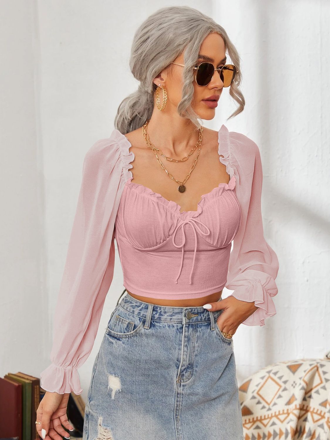 Mesh Sweetheart Neck Flounce Sleeve Top - The Goddess Galleries