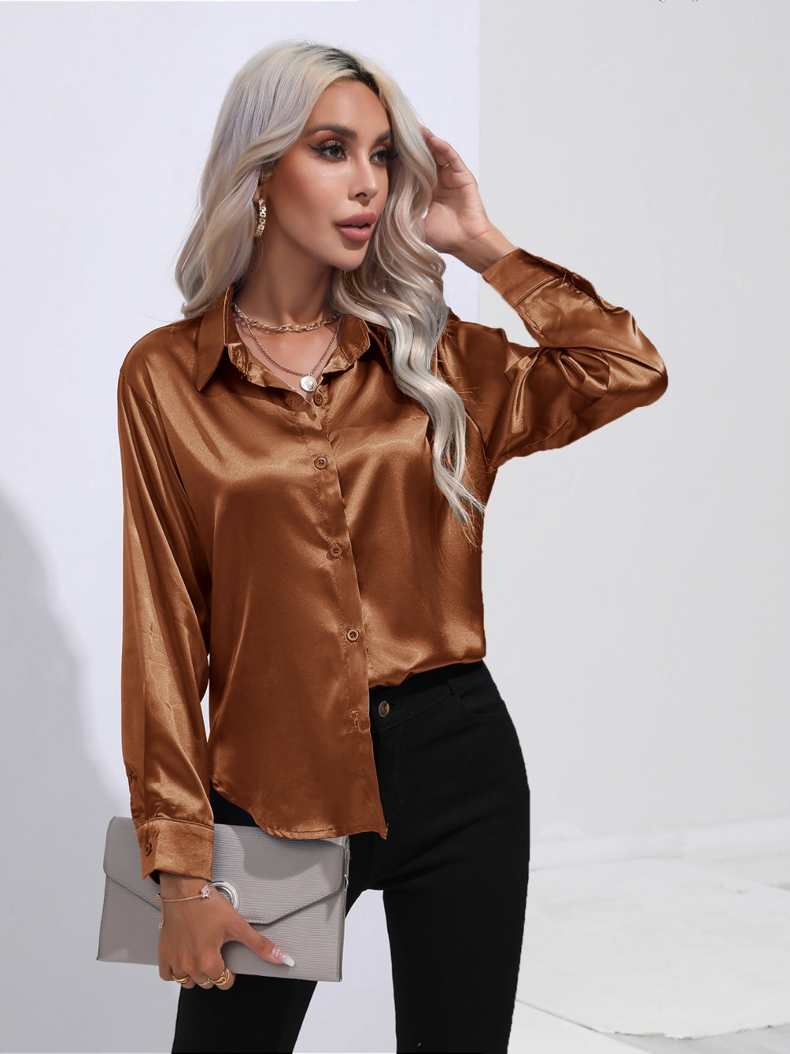 Collared Neck Buttoned Long Sleeve Shirt - The Goddess Galleries