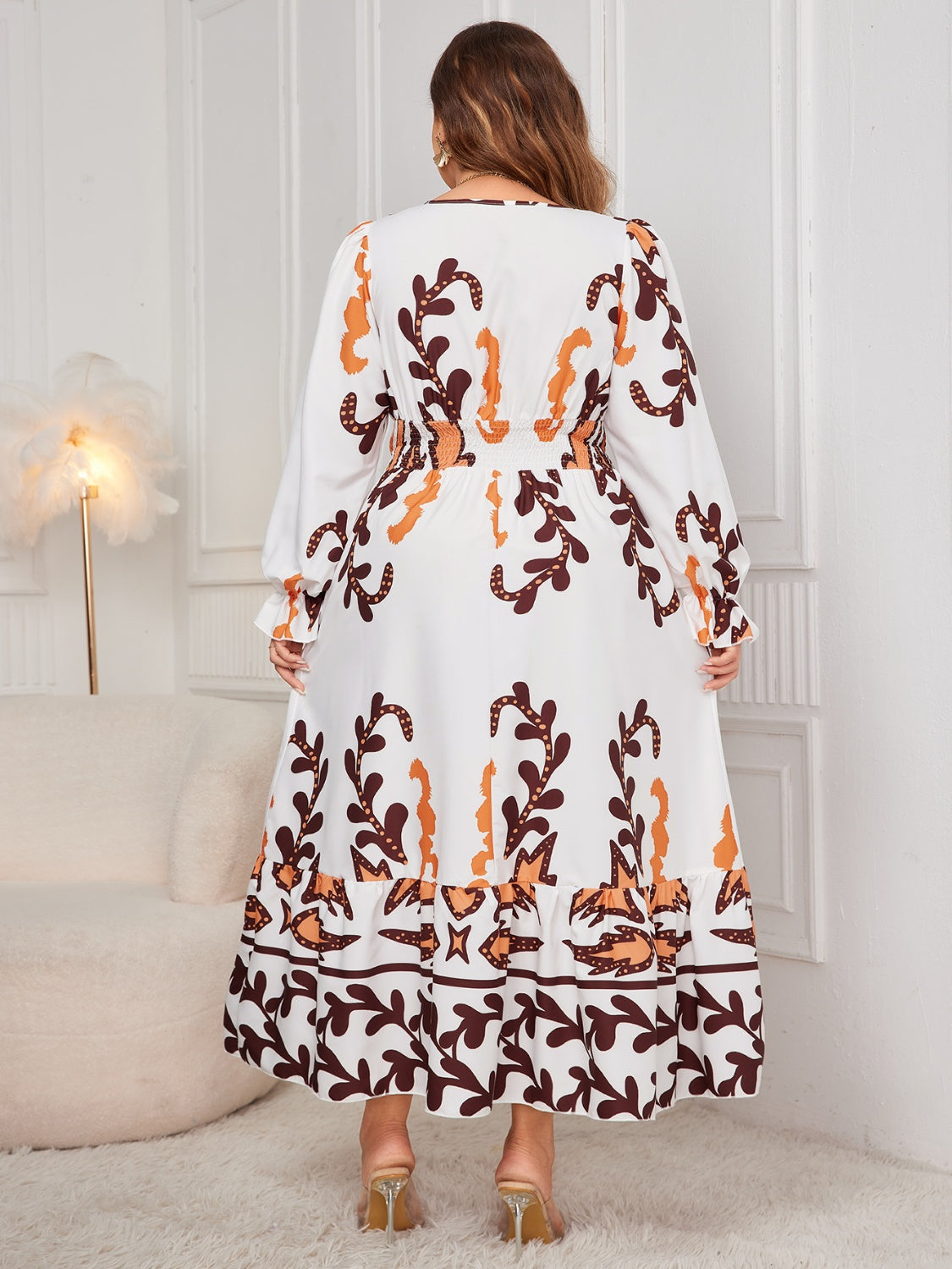 Honey Plus Size Printed Surplice Flounce Sleeve Dress - The Goddess Galleries