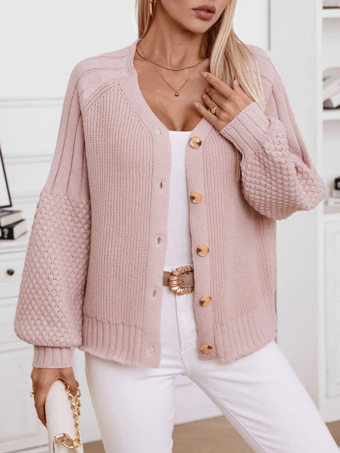V-Neck Button Up Raglan Sleeve Cardigan - The Goddess Galleries