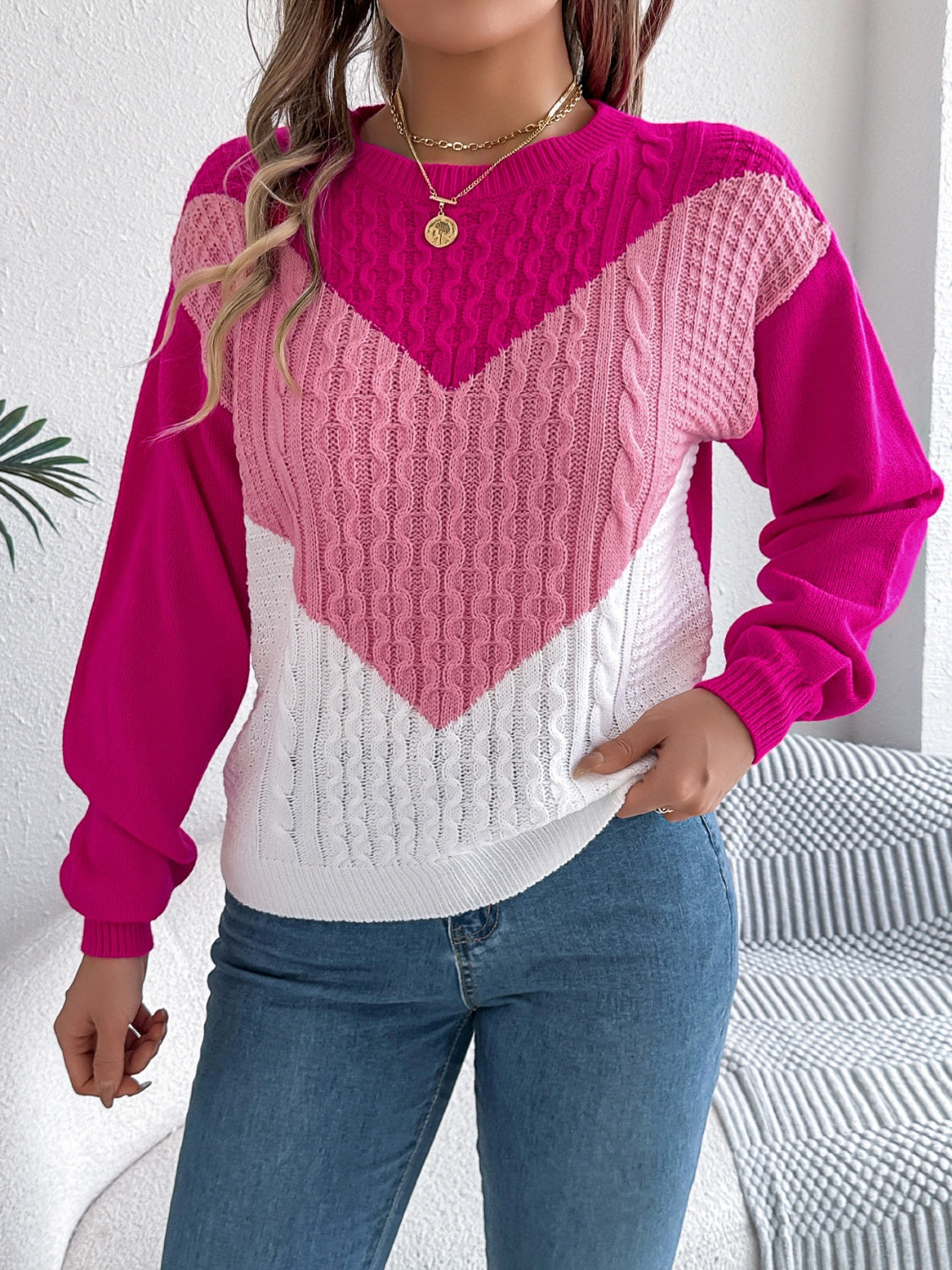 Contrast Round Neck Long Sleeve Sweater - The Goddess Galleries