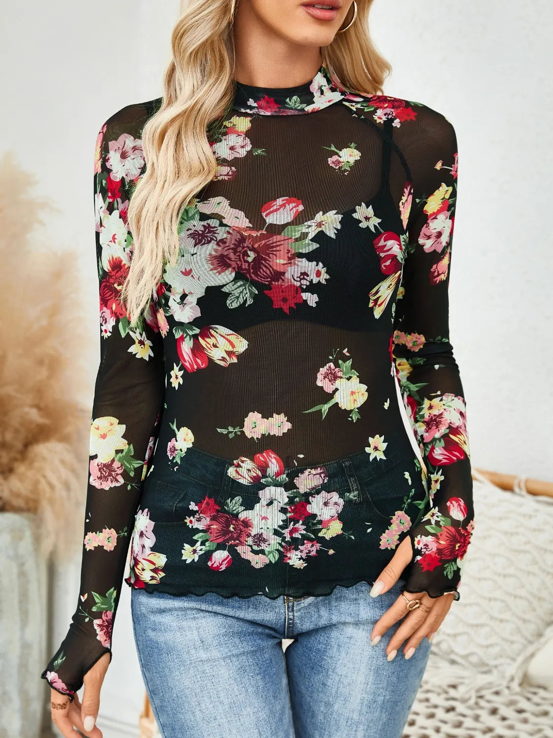 Floral Mock Neck Long Sleeve Top - The Goddess Galleries