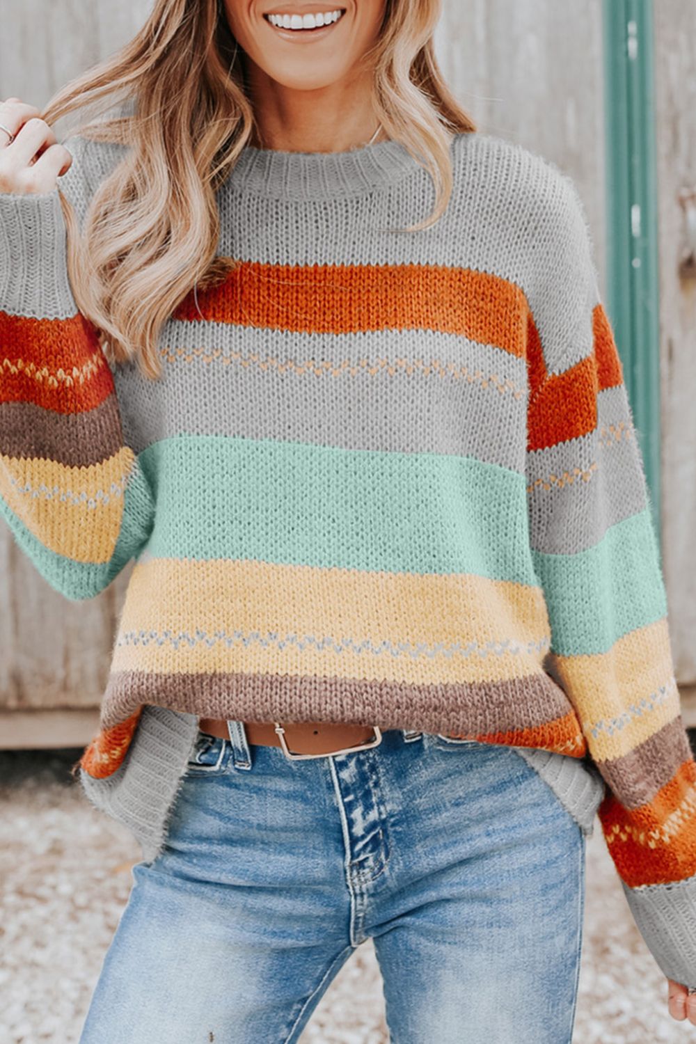 Color Block Round Neck Dropped Shoulder Sweater - The Goddess Galleries