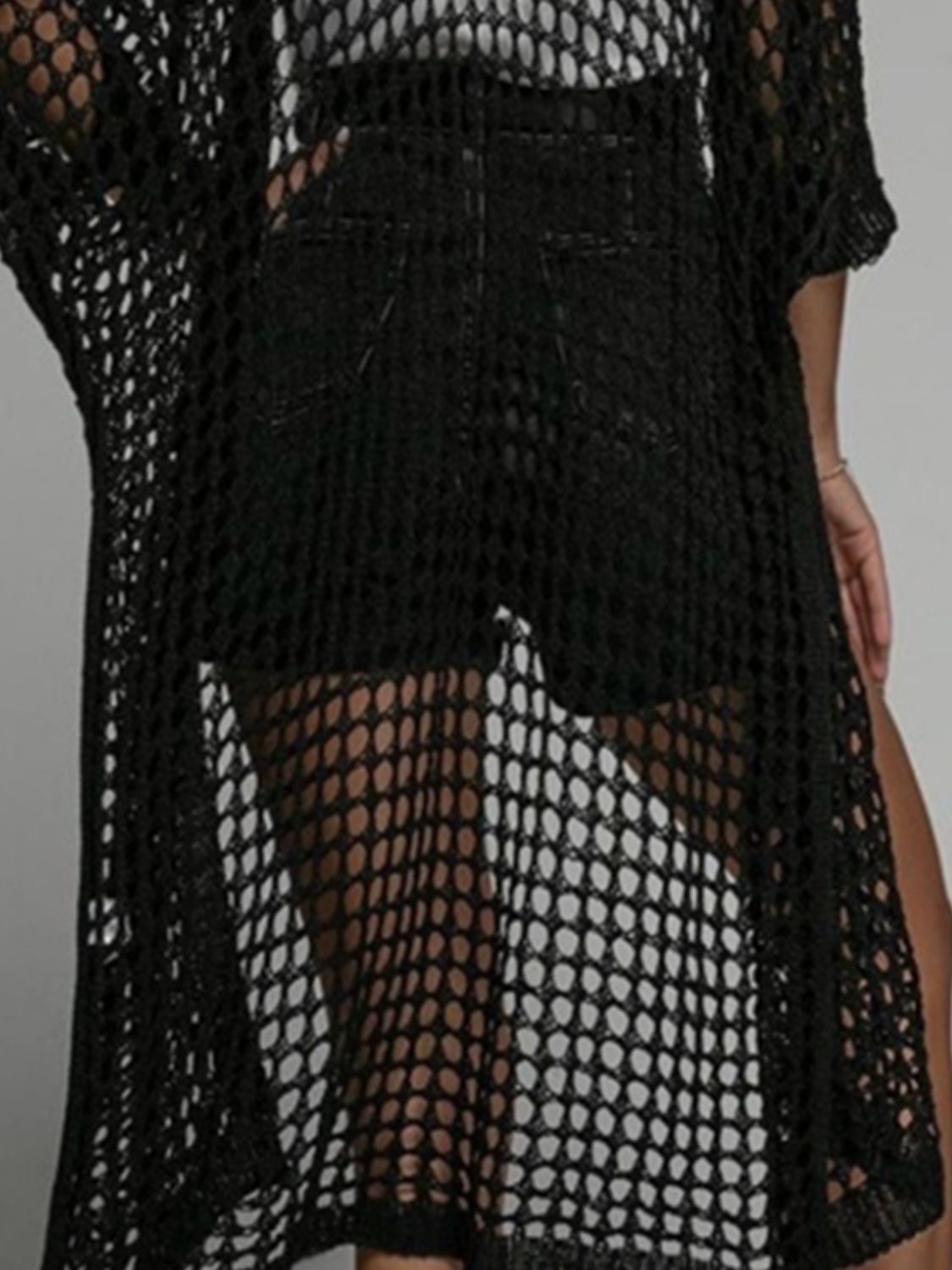 Openwork Open Front Three-Quarter Sleeve Cover Up - The Goddess Galleries
