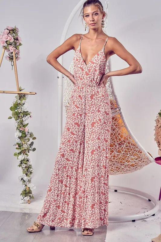BiBi Floral Print Cirnkled Gauze Spaghetti Strap Jumpsuit - The Goddess Galleries