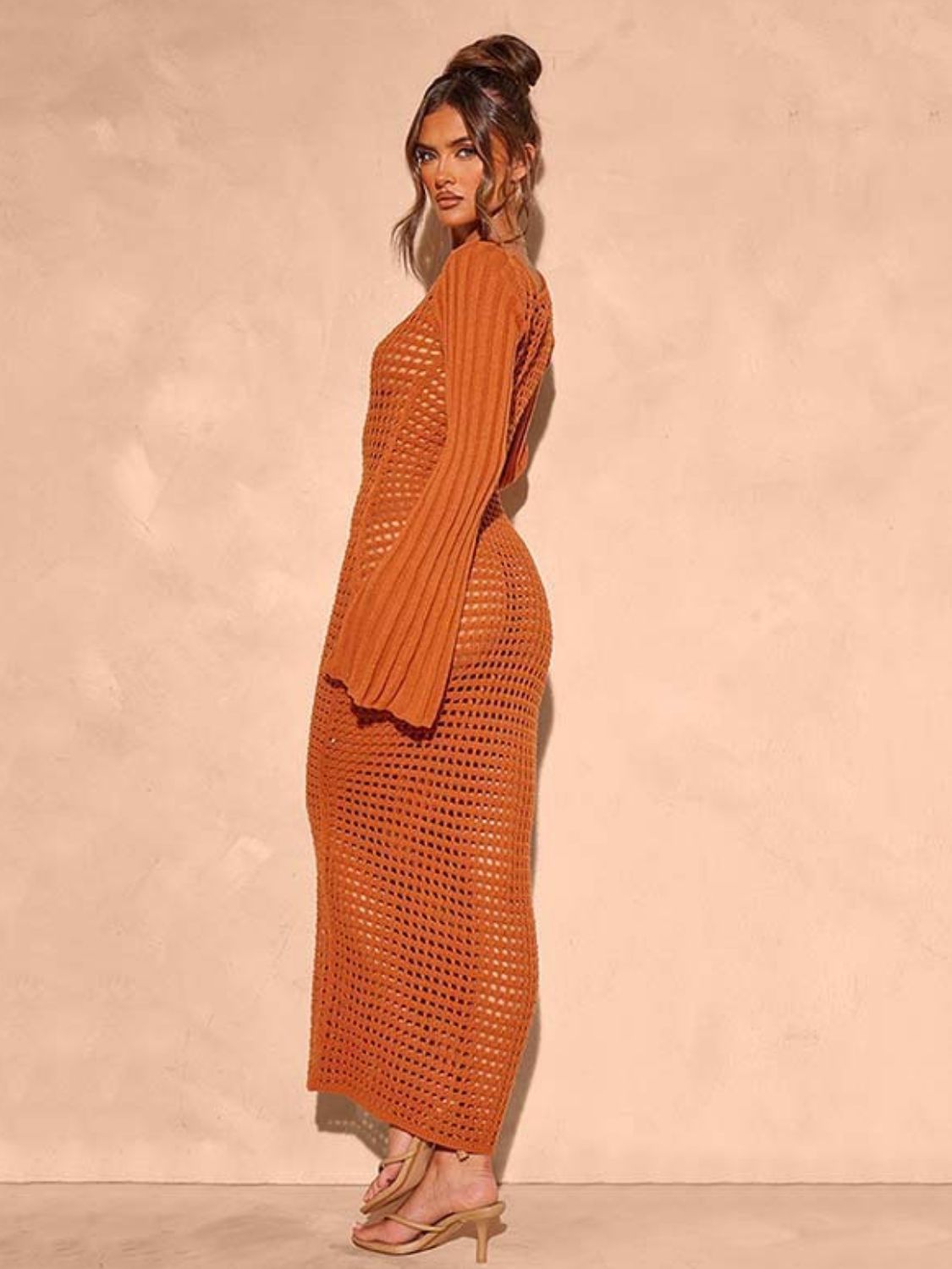 Openwork Square Neck Flare Sleeve Cover-Up Dress - The Goddess Galleries