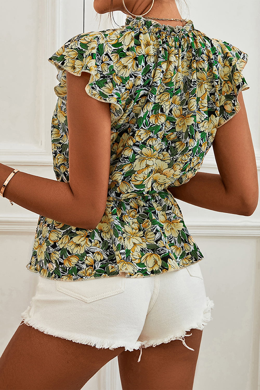 Floral Mock Neck Flutter Sleeve Peplum Top - The Goddess Galleries