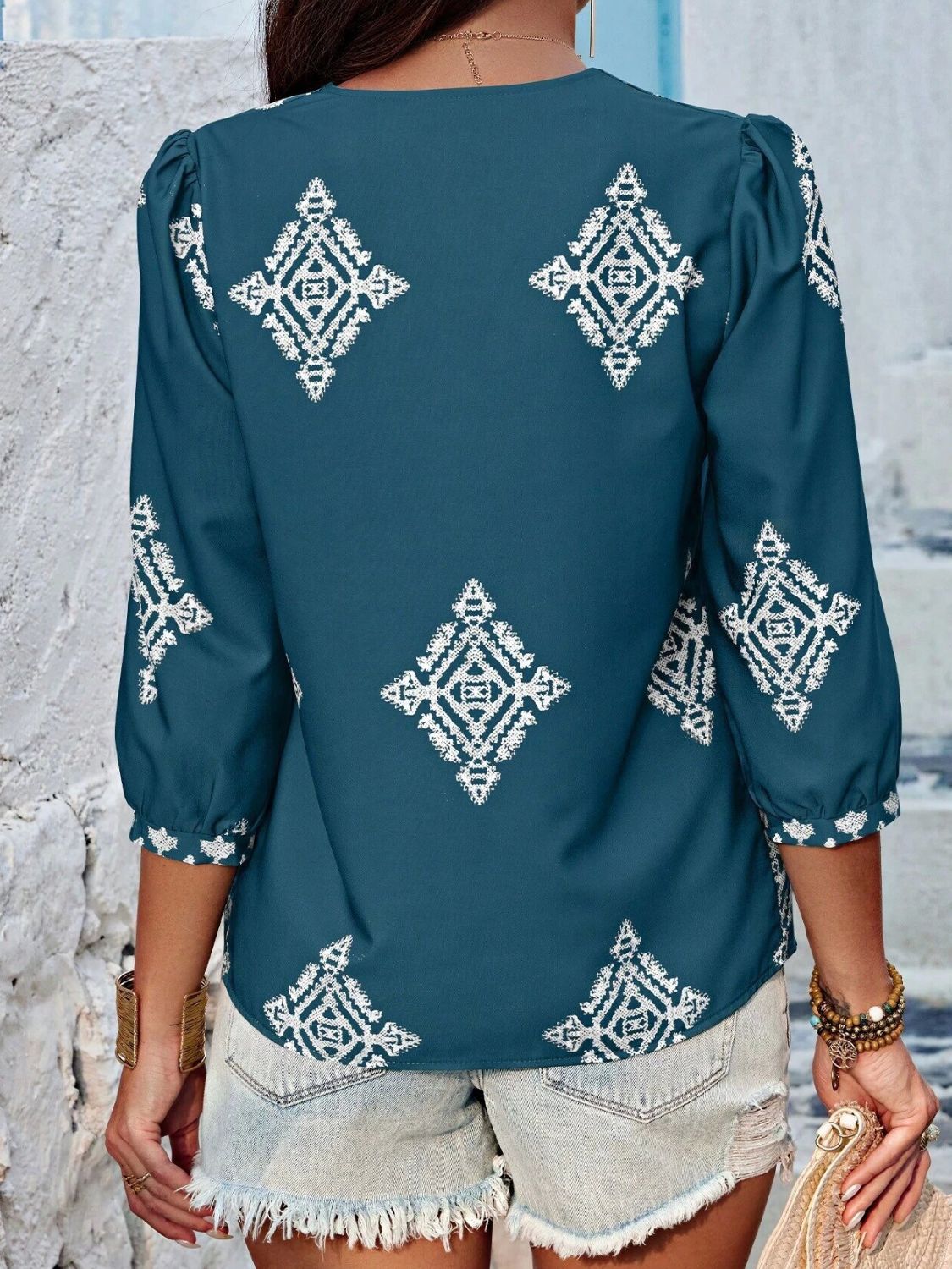 Printed V-Neck Three-Quarter Sleeve Blouse - The Goddess Galleries