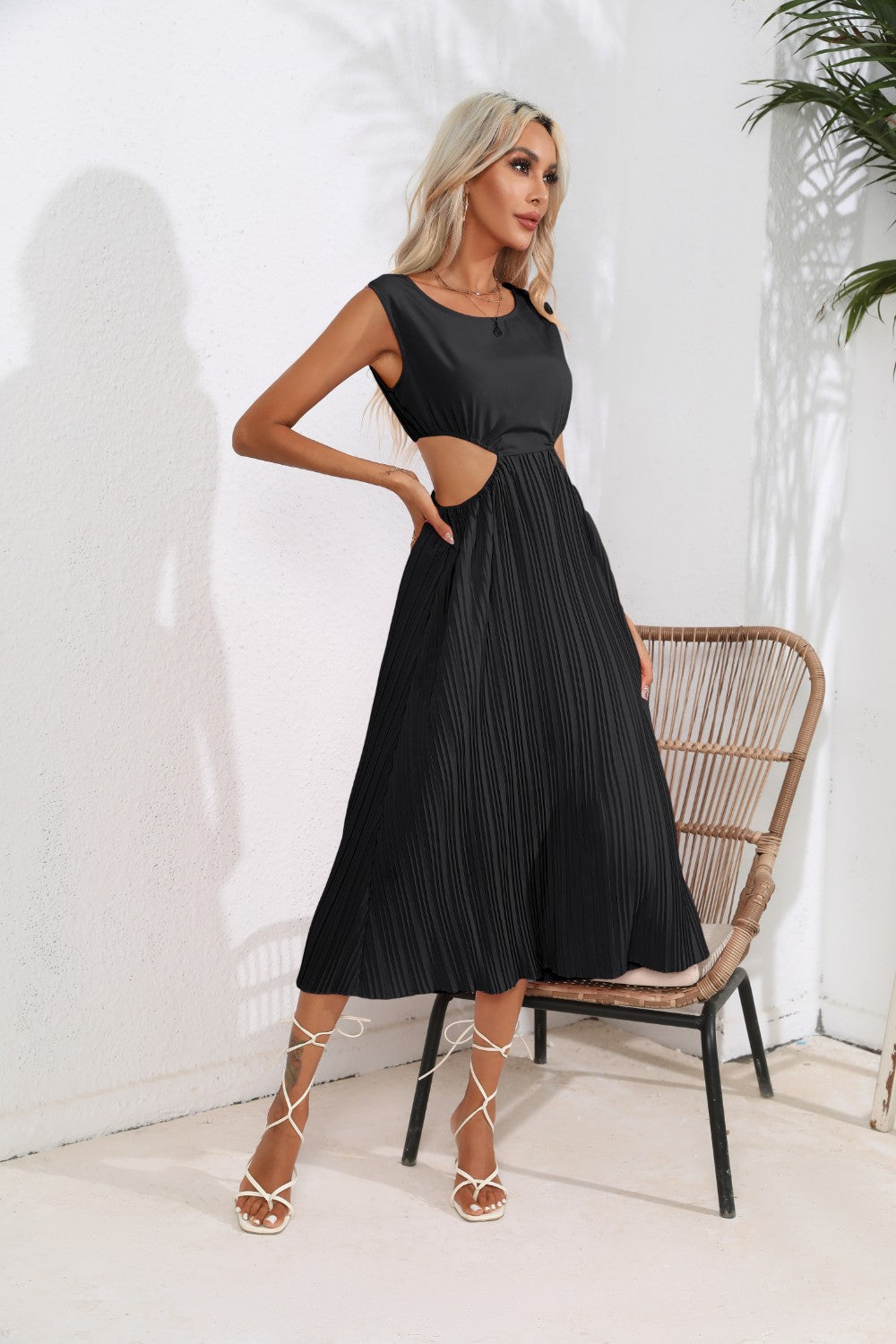 Cutout Ruched Round Neck Tank Dress - The Goddess Galleries