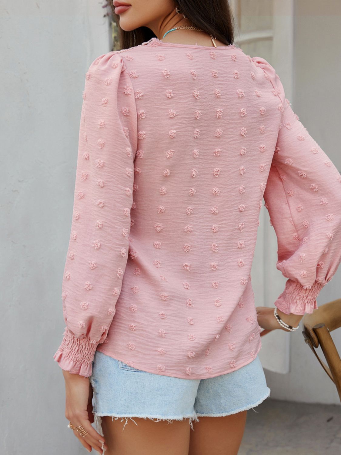Devine Swiss Dot Lace Detail V-Neck Long Sleeve Blouse - The Goddess Galleries