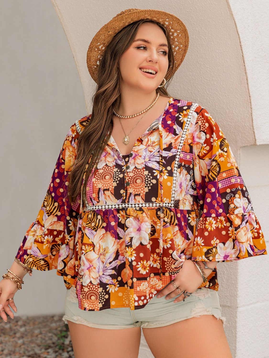 Plus Size Printed Tie Neck Blouse - The Goddess Galleries