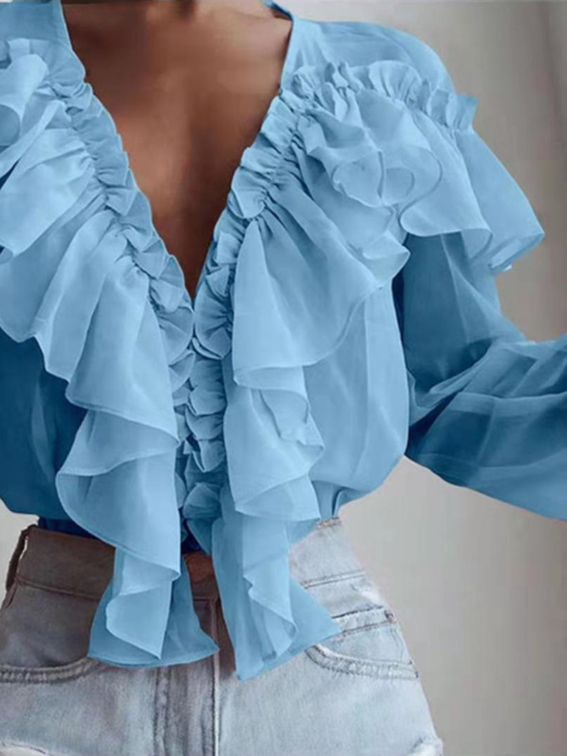Ruffled V-Neck Long Sleeve Blouse - The Goddess Galleries