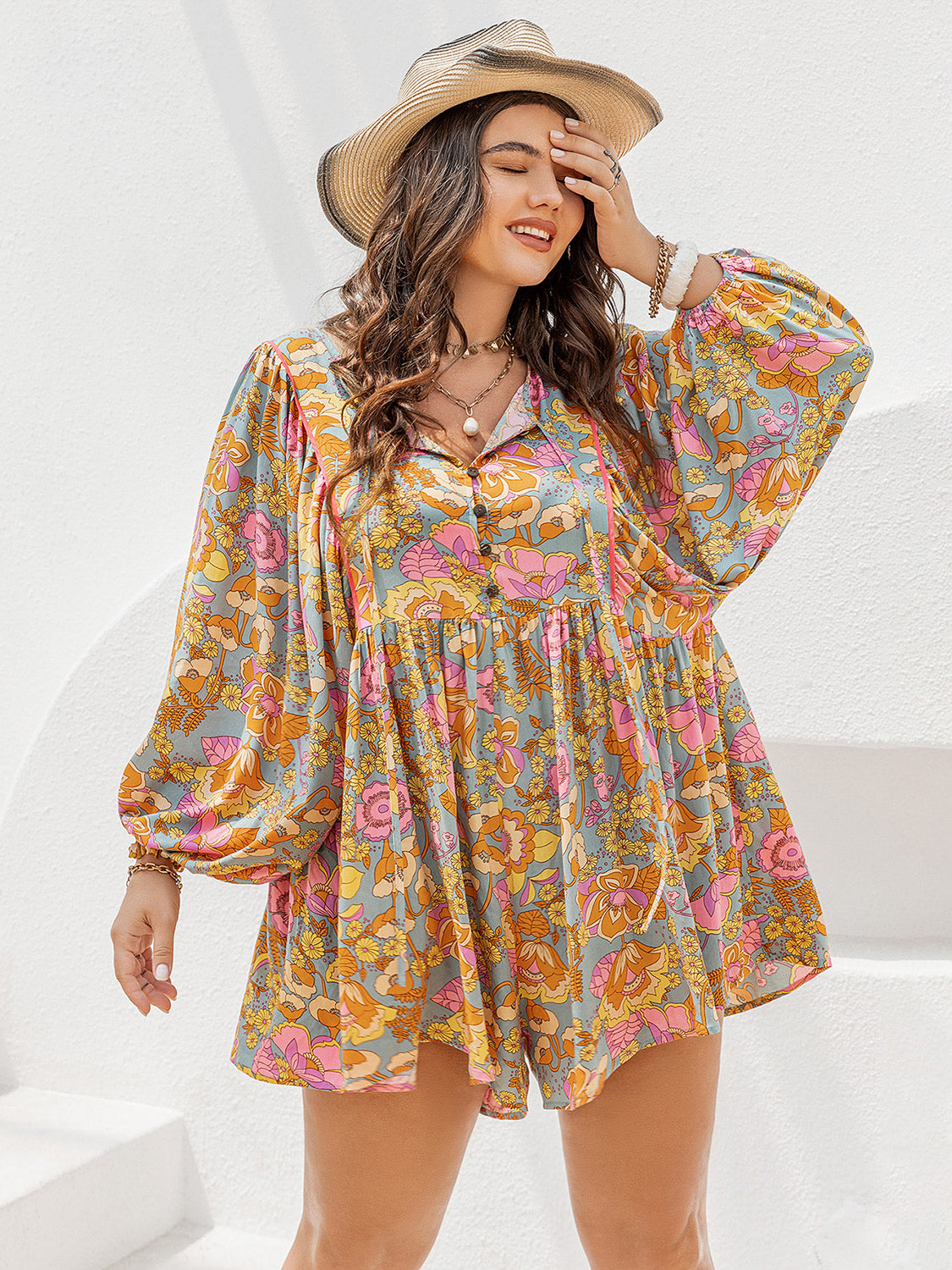 Plus Size Floral Tie Neck Balloon Sleeve Romper - The Goddess Galleries
