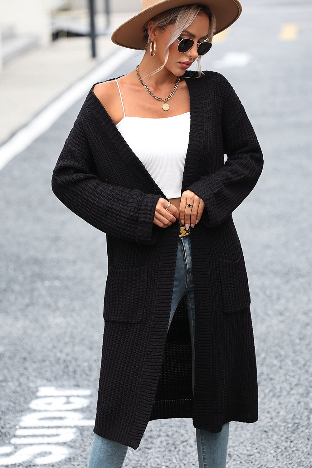Dropped Shoulder Long Sleeve Cardigan with Pocket - The Goddess Galleries