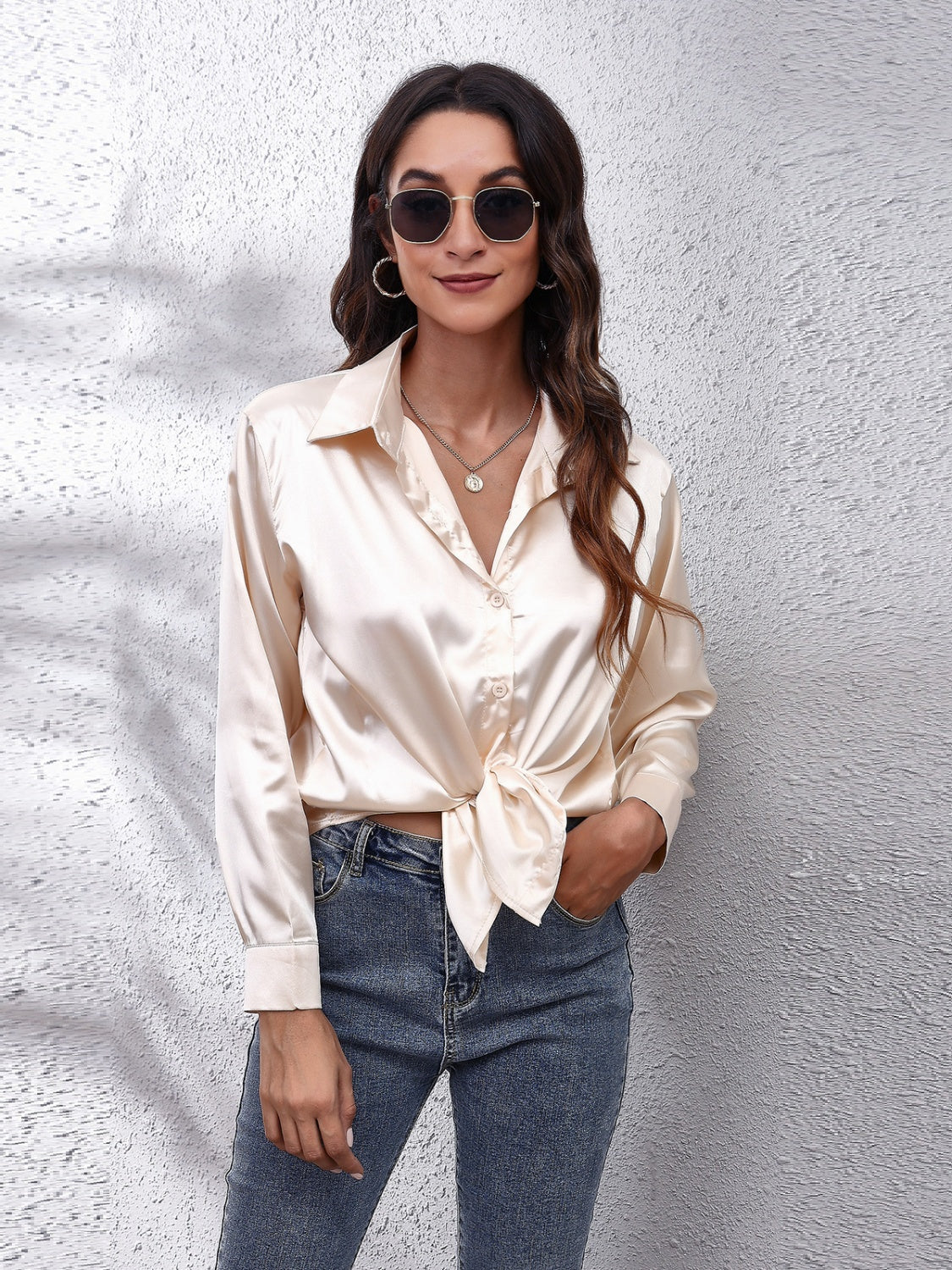 Collared Neck Buttoned Long Sleeve Shirt - The Goddess Galleries