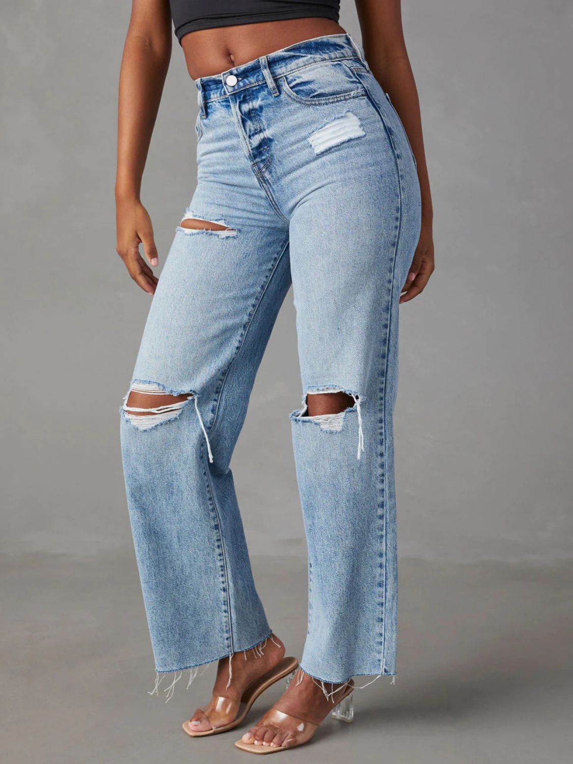 Distressed Straight Leg Jeans with Pockets - The Goddess Galleries