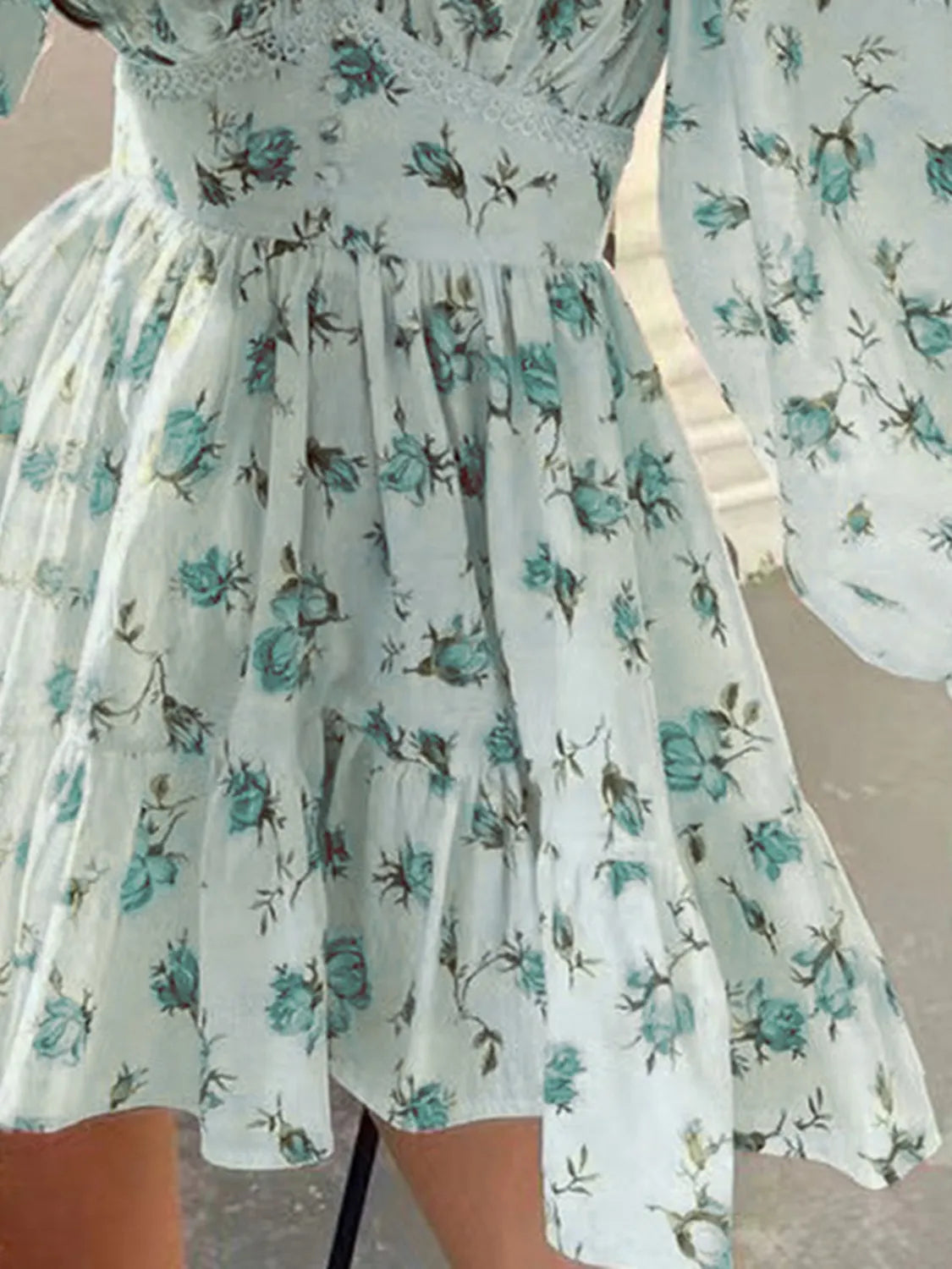 Lace Detail V-Neck Balloon Sleeve Dress - The Goddess Galleries