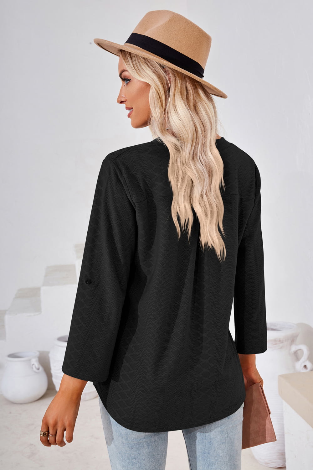 V-Neck Roll-Tap Sleeve Blouse - The Goddess Galleries