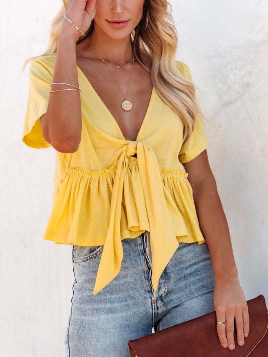 Tied Plunge Short Sleeve Blouse - The Goddess Galleries