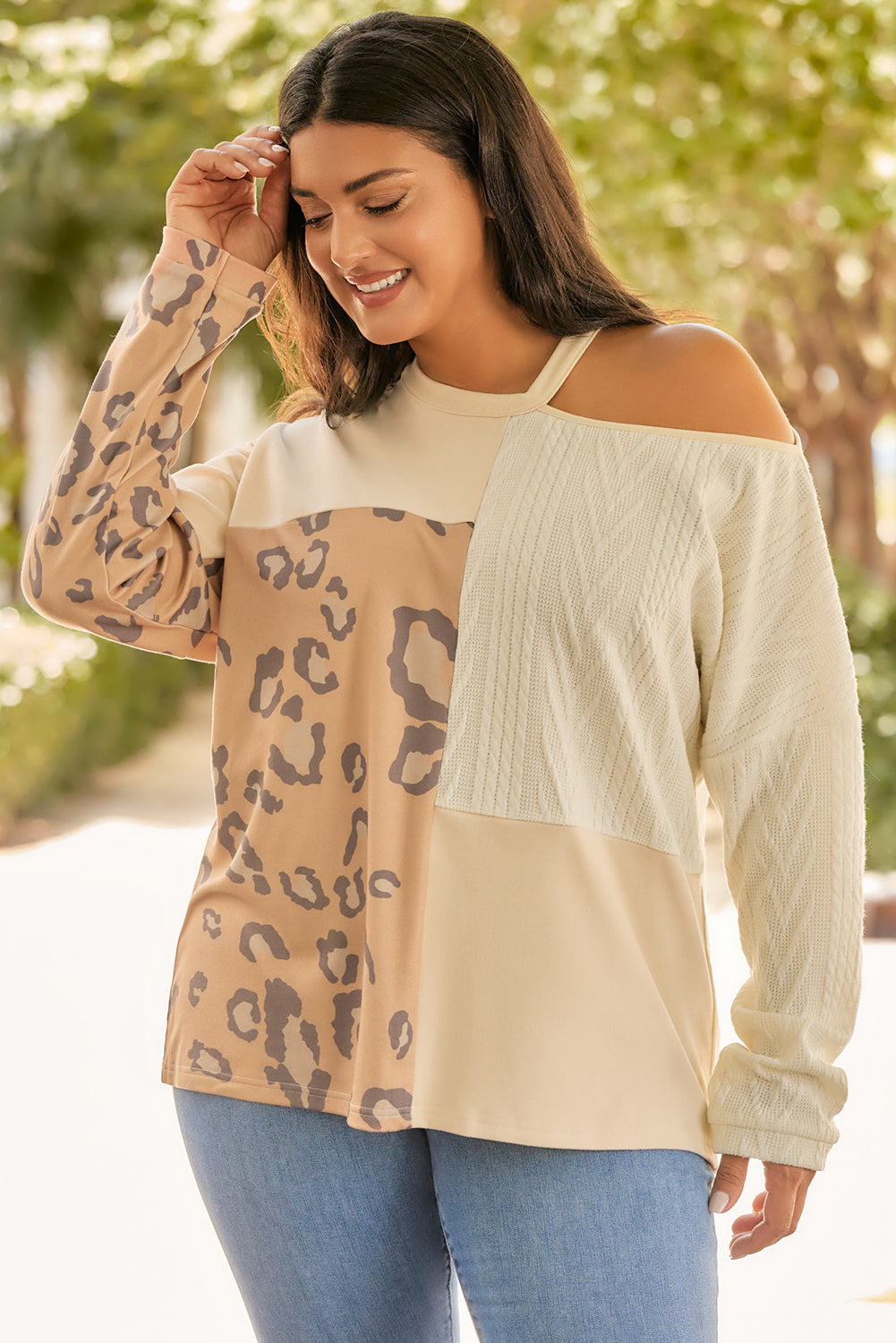 Plus Size Leopard Color Block Long Sleeve T-Shirt - The Goddess Galleries