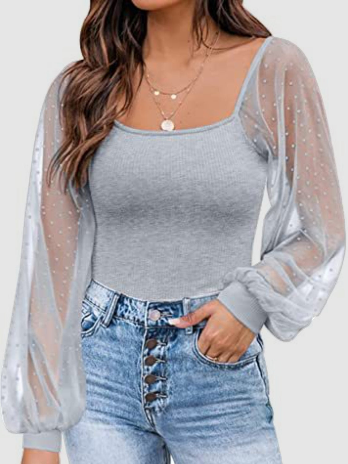 Polka Dot Square Neck Lantern Sleeve Blouse - The Goddess Galleries
