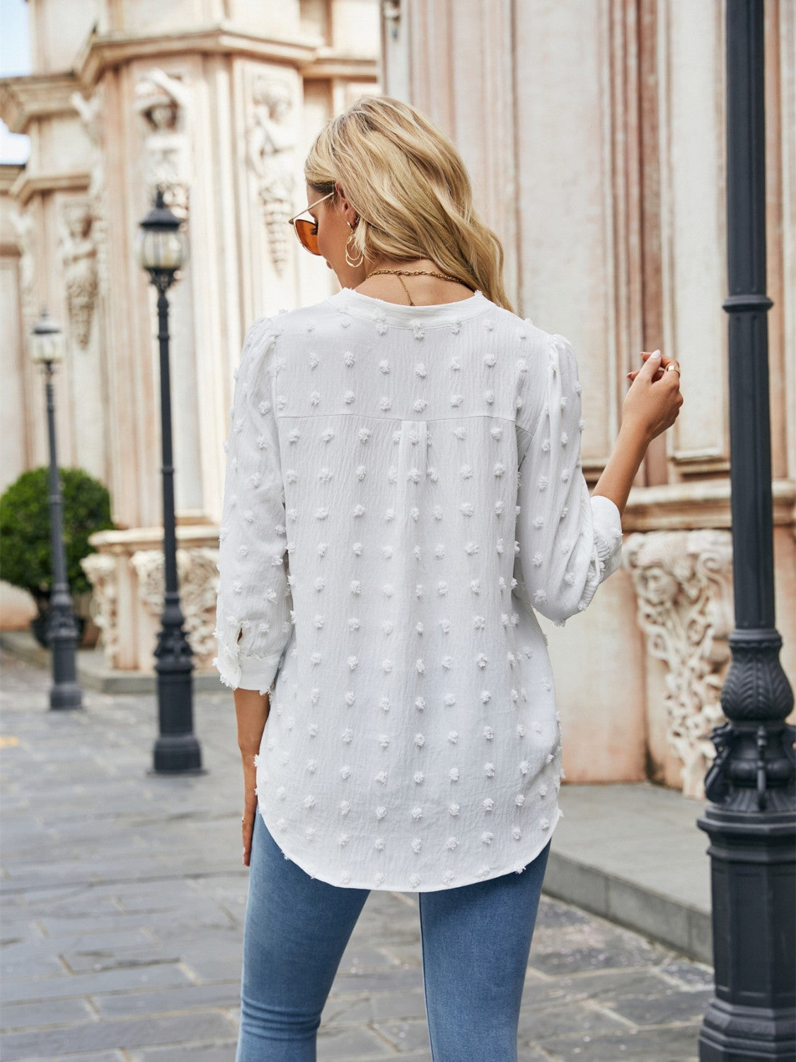 Swiss Dot Notched Neck Blouse - The Goddess Galleries