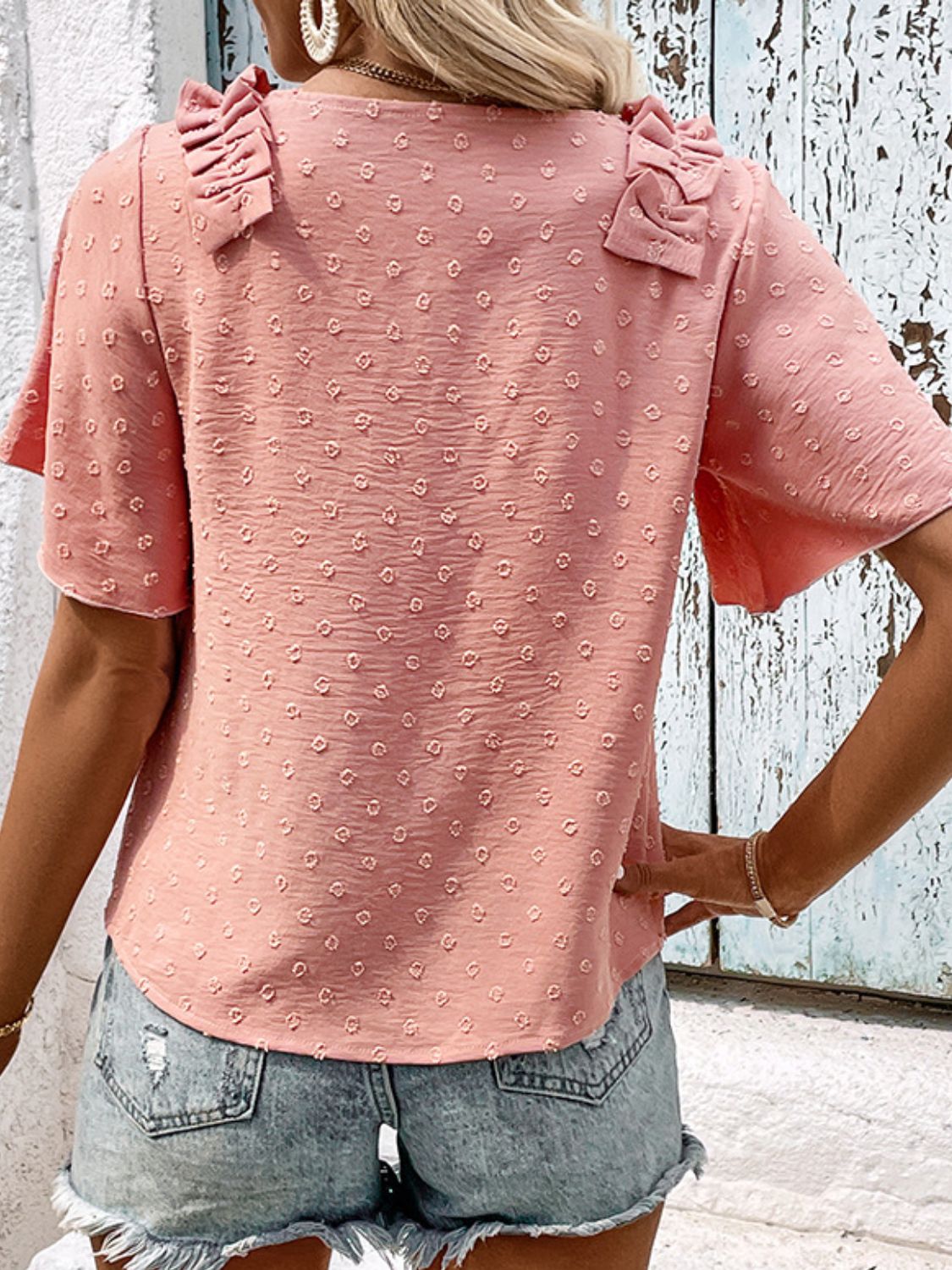 Perfee Swiss Dot Shoulder Detail V-Neck Blouse - The Goddess Galleries