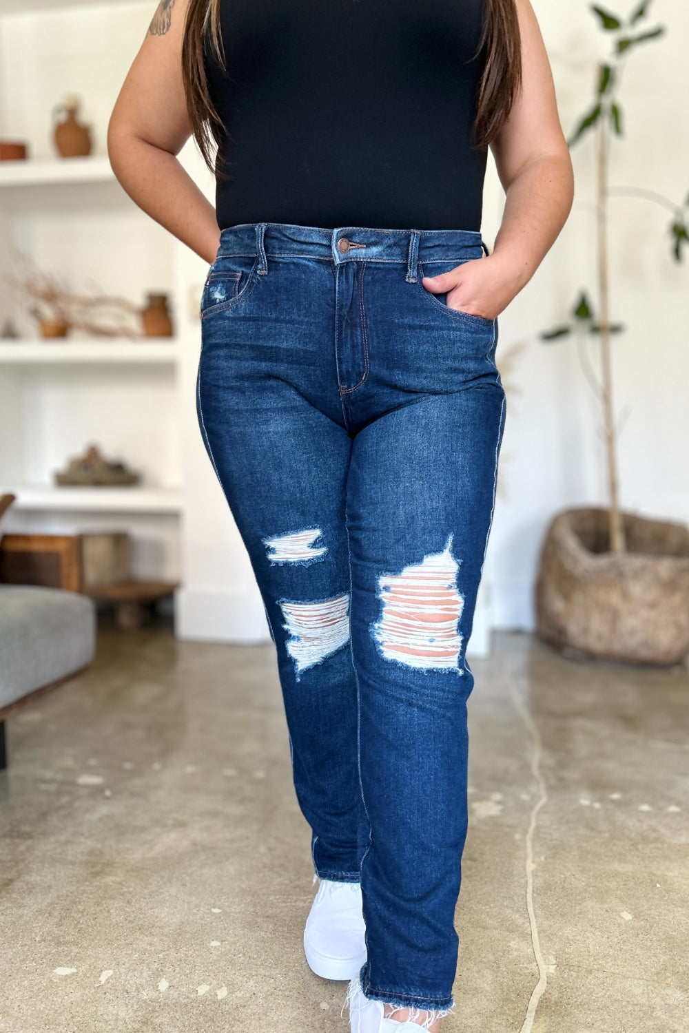 Judy Blue Full Size High Waist Rigid Magic Heavy Destroy Straight Jeans - The Goddess Galleries