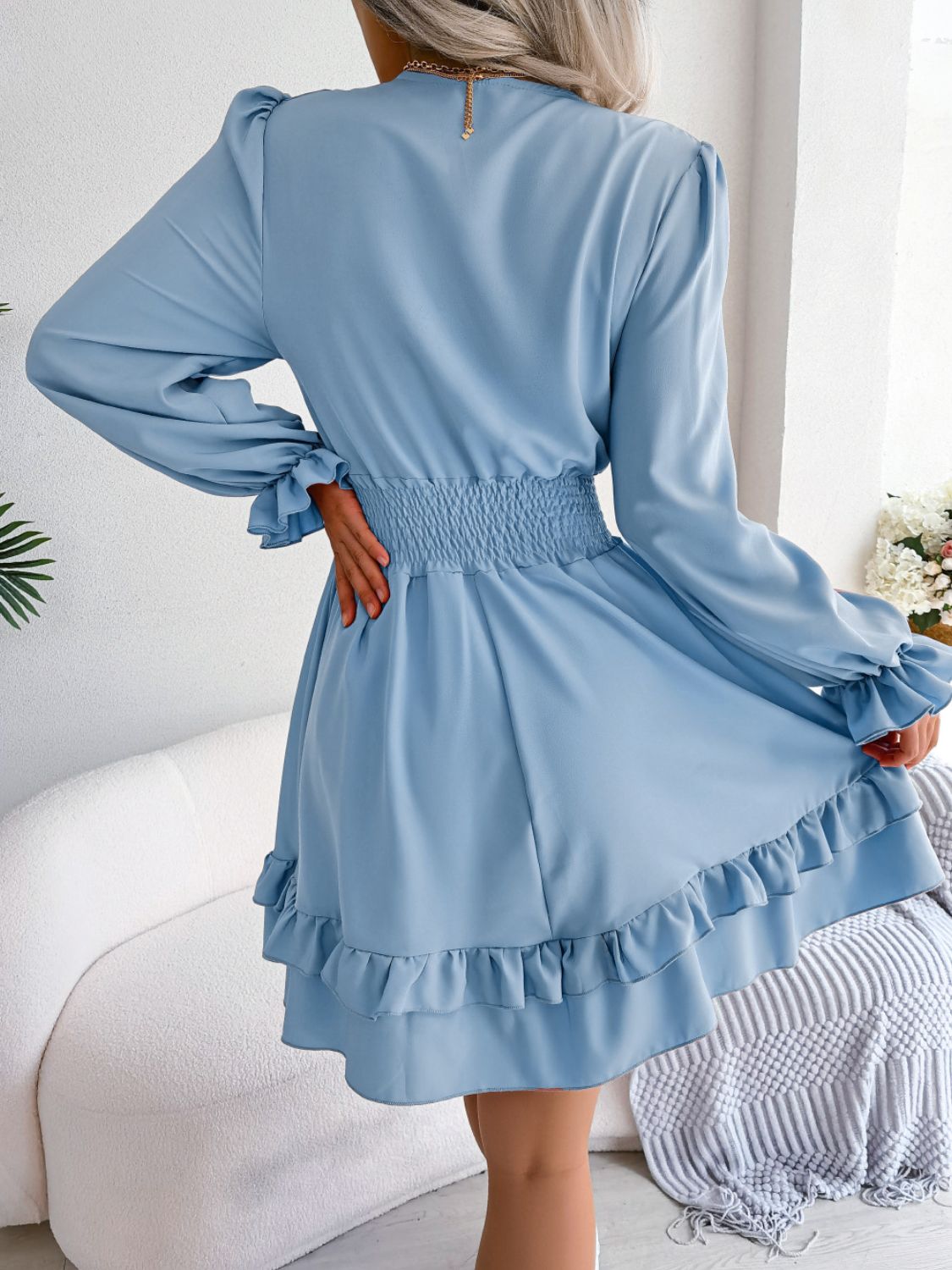 Tie Front Smocked Waist Flounce Sleeve Dress - The Goddess Galleries