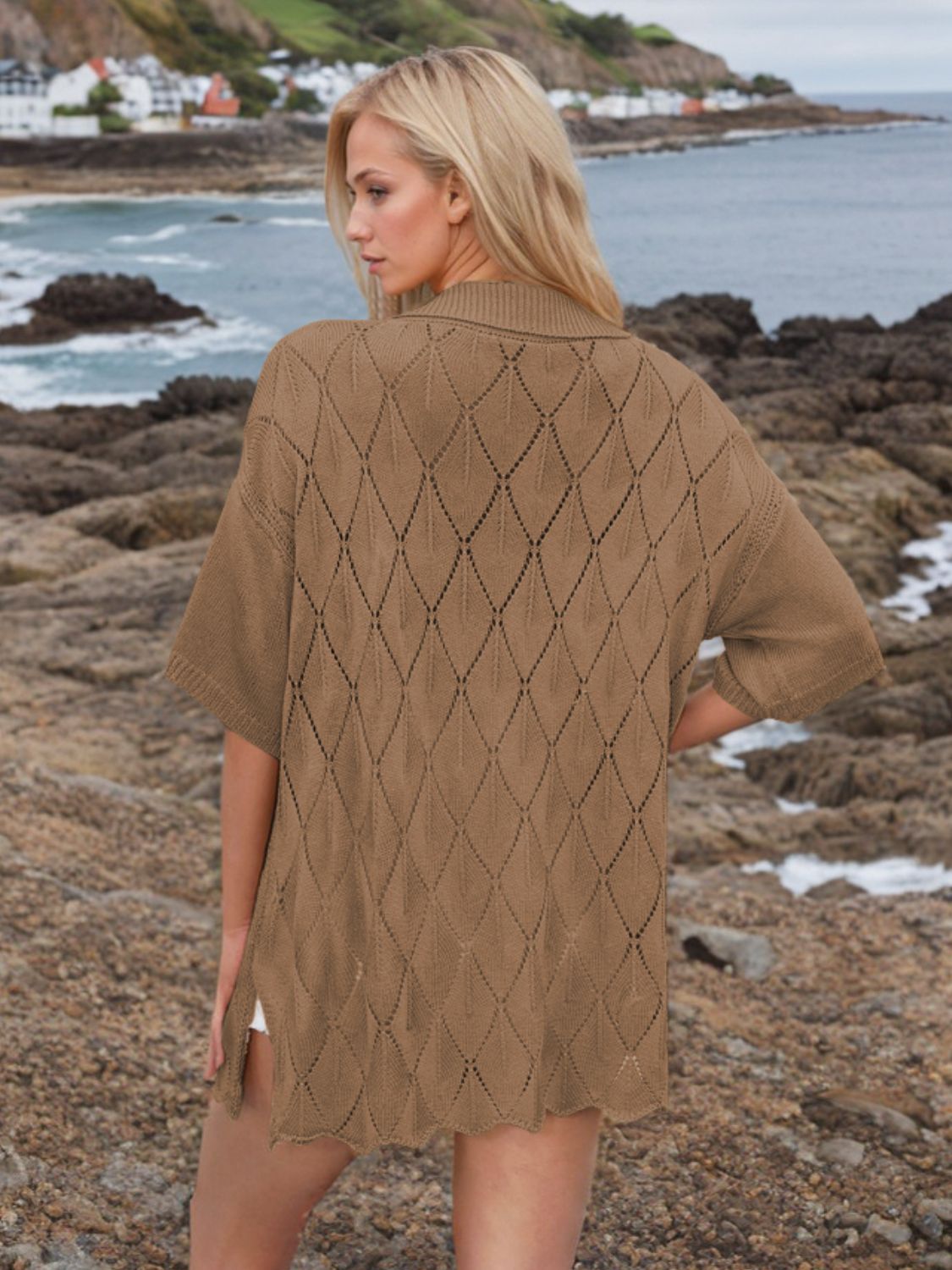 Button Down Eyelet Collared Neck Knit Shirt - The Goddess Galleries