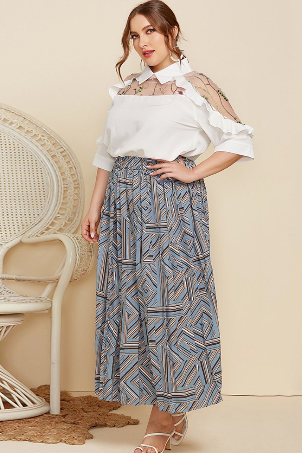 Plus Size Embroidered Ruffle Trim Collared Half Sleeve Blouse - The Goddess Galleries