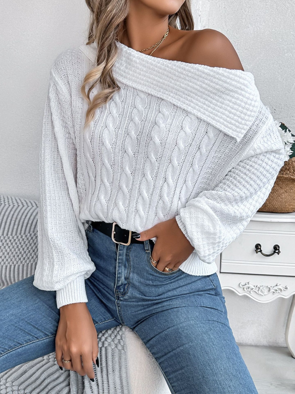 Cable-Knit One Shoulder Long Sleeve Sweater - The Goddess Galleries