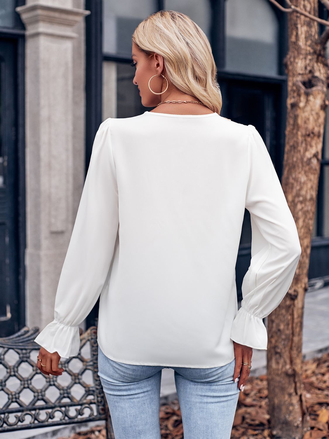 Ruffled V-Neck Flounce Sleeve Blouse - The Goddess Galleries