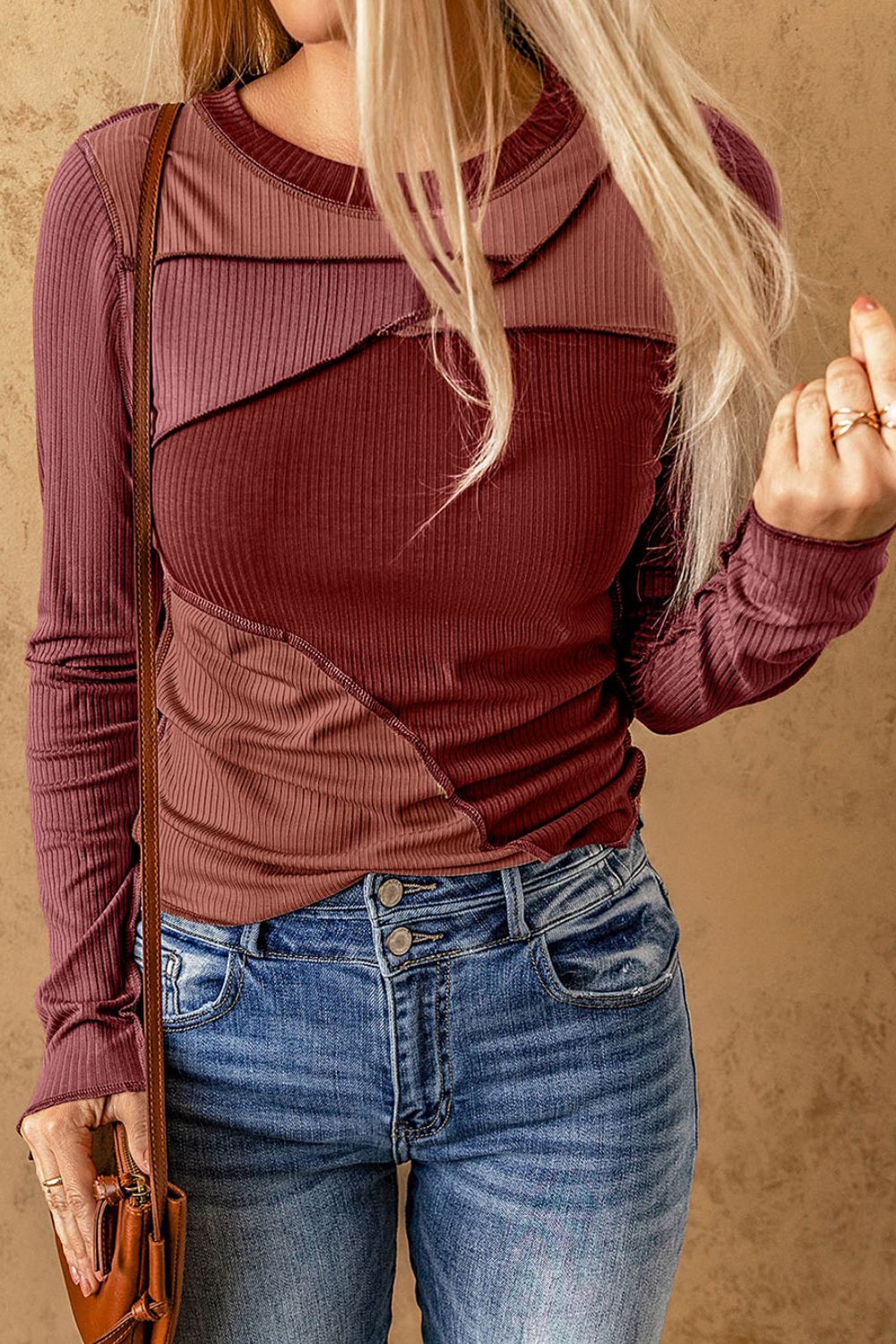 Exposed Seam Contrast Round Neck Long Sleeve T-Shirt - The Goddess Galleries
