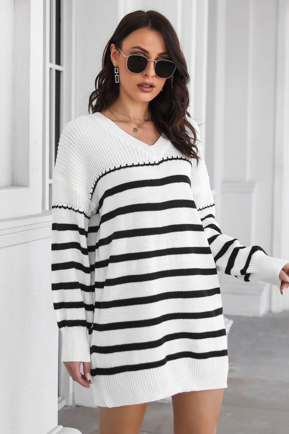 Striped V-Neck Drop Shulder Sweater Dress - The Goddess Galleries