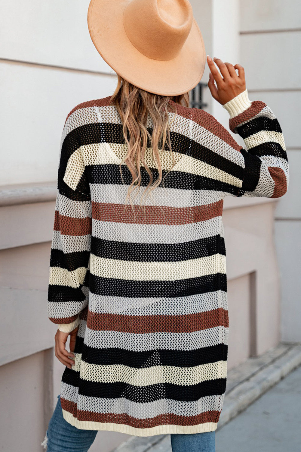 Full Size Striped Long Sleeve Openwork Cardigan - The Goddess Galleries
