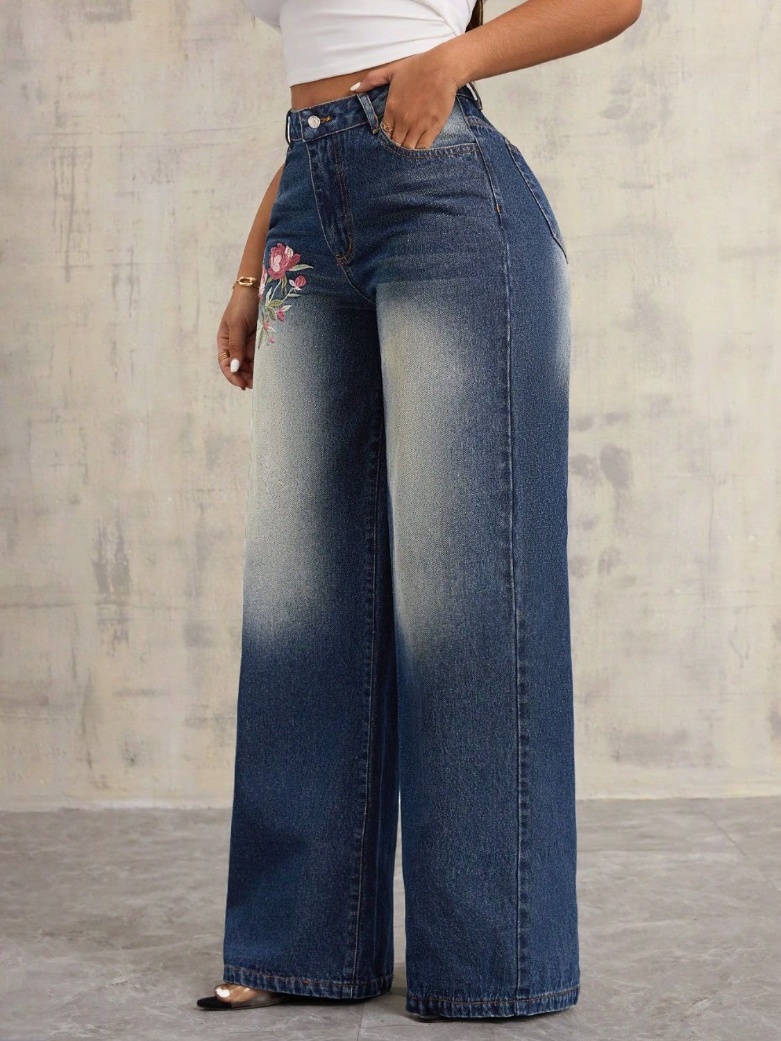 Embroidered Wide Leg Jeans - The Goddess Galleries