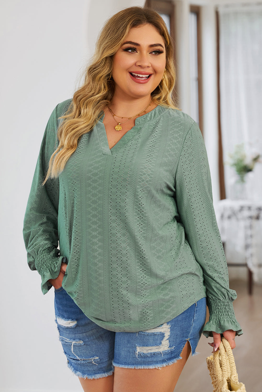 Plus Size Eyelet Notched Flounce Sleeve Blouse - The Goddess Galleries